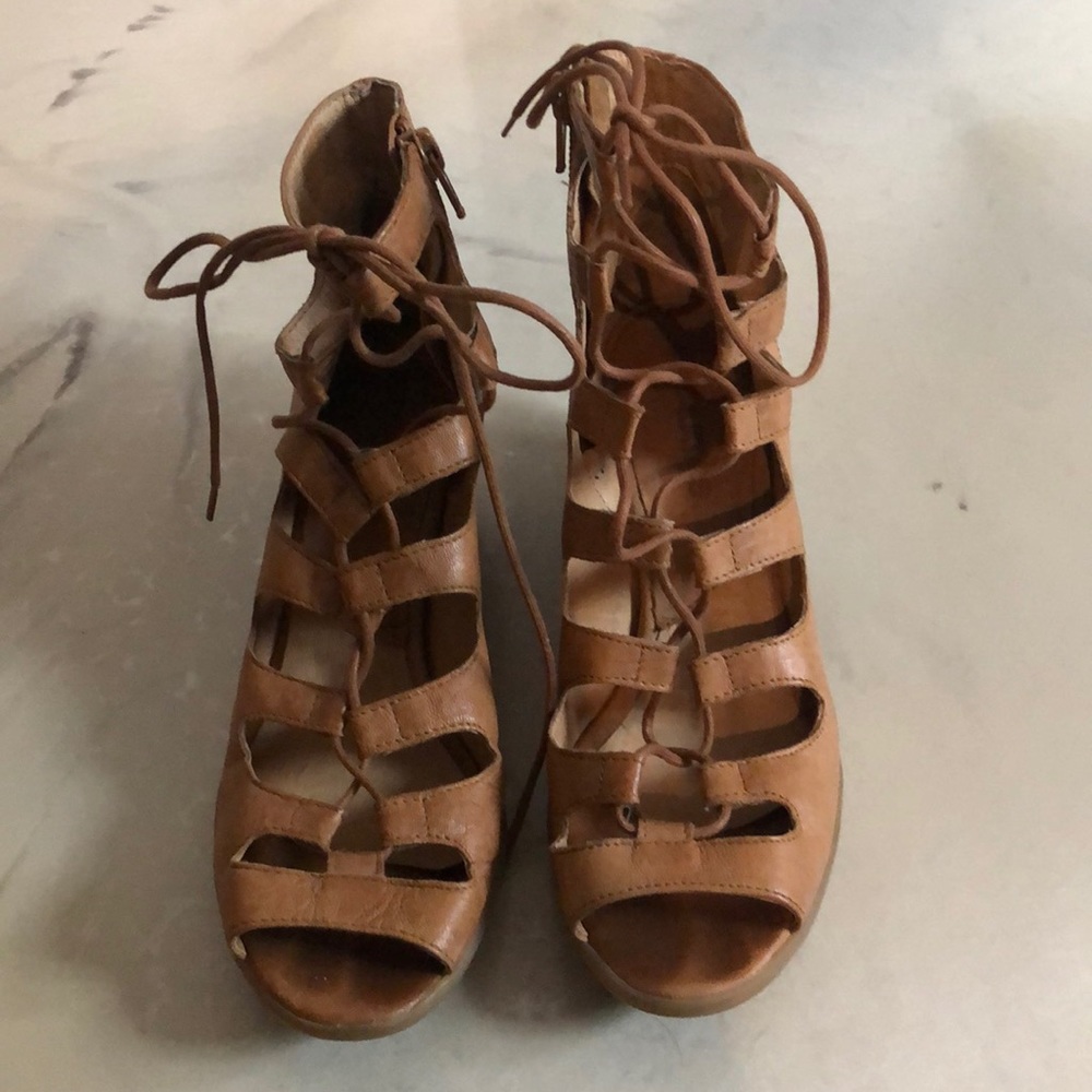 Brown leather lace up heels